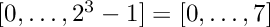$[0,\ldots,2^3-1]=[0,\ldots,7]$